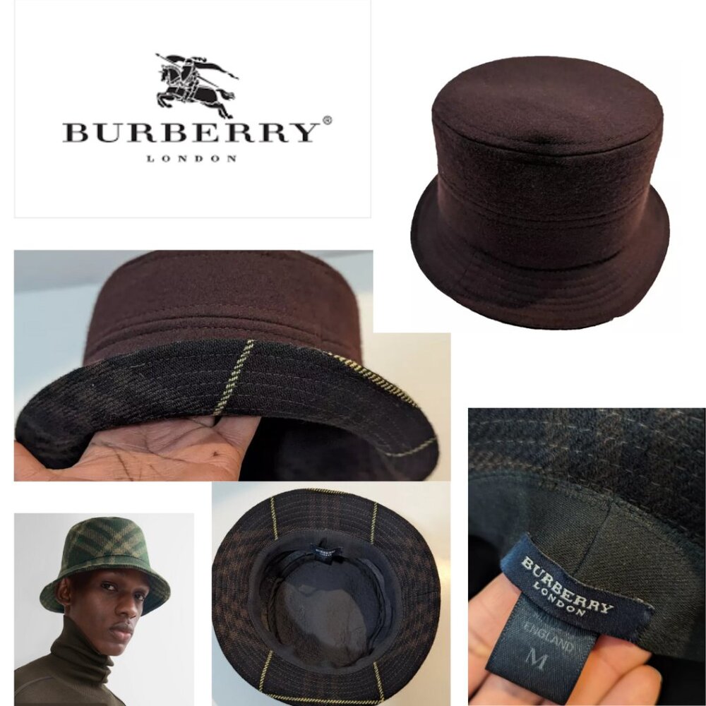 Vintage Burberry London Brown Plaid Wool Bucket Hat Made in England Size M